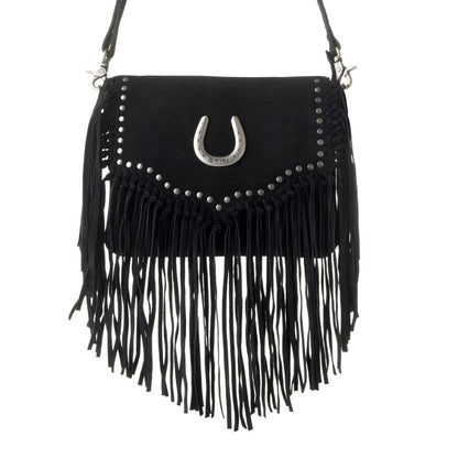 Myra Lucky Charm Leather Bag for Women in black with fringe and horseshoe detail Myra USA