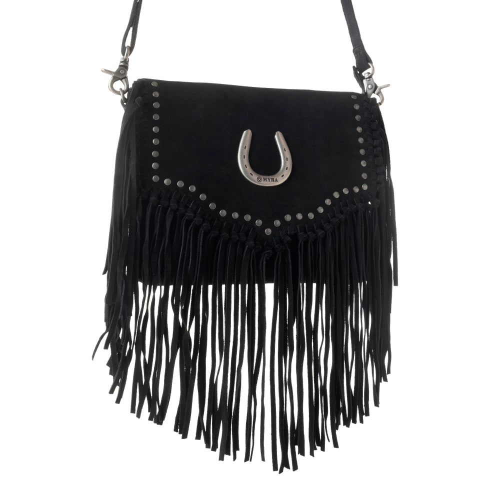 Myra Lucky Charm Leather Bag for Women in black with fringe and horseshoe detail Myra USA