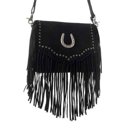 Myra Lucky Charm Leather Bag for Women in black with fringe and horseshoe detail Myra USA