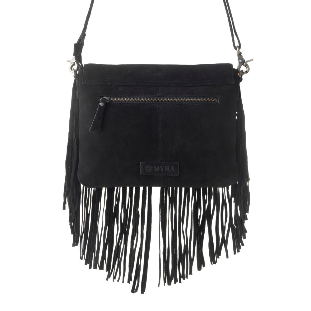 Myra Lucky Charm Leather Bag for Women in black with fringe and horseshoe detail Myra USA