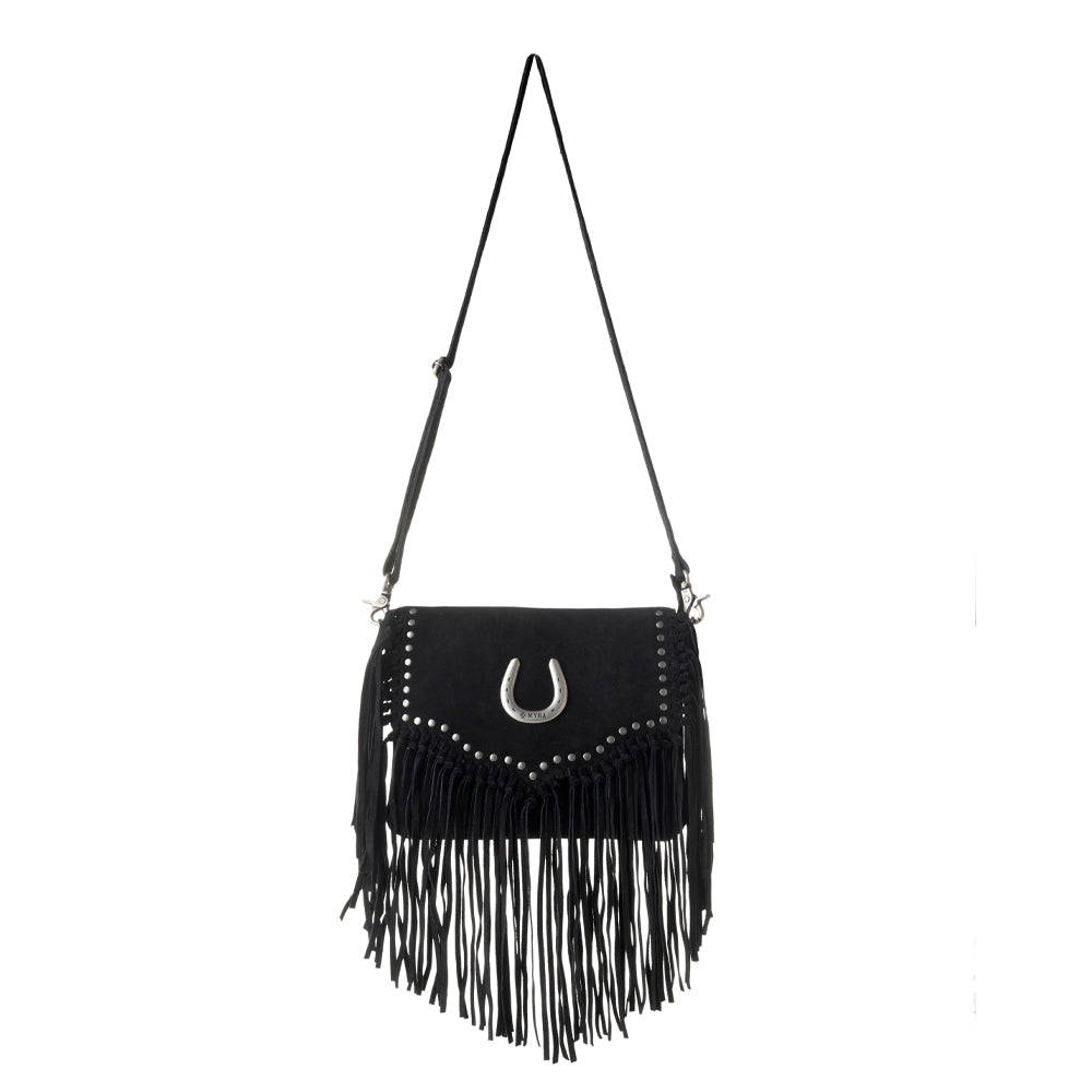 Myra Lucky Charm Leather Bag for Women in black with fringe and horseshoe detail Myra USA