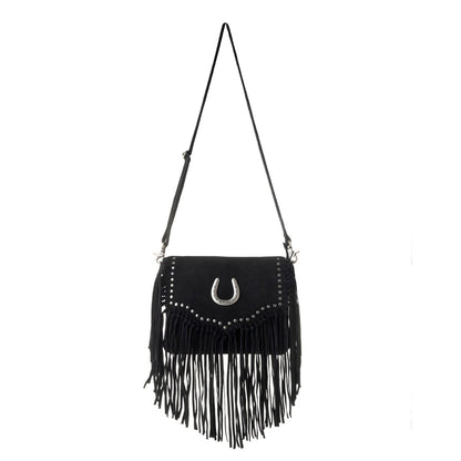Myra Lucky Charm Leather Bag for Women in black with fringe and horseshoe detail Myra USA