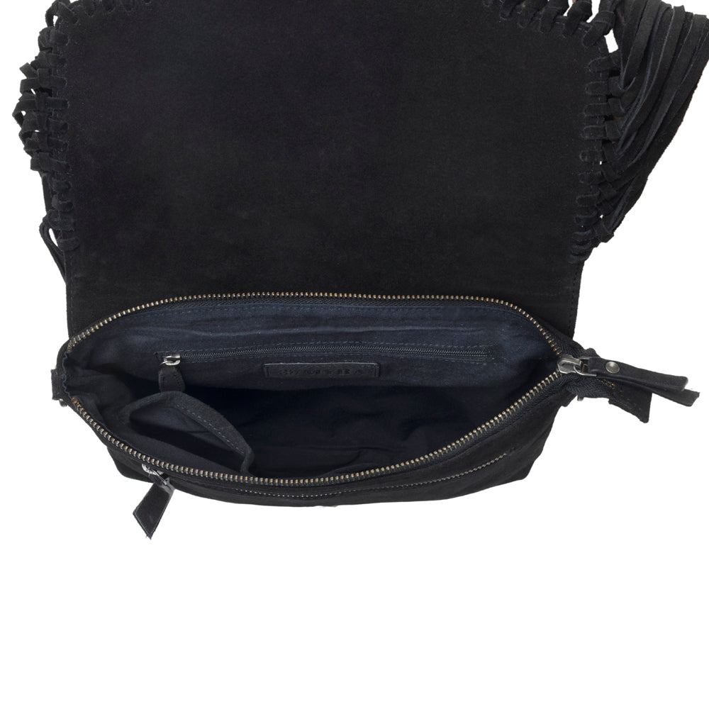Myra Lucky Charm Leather Bag for Women in black with fringe and horseshoe detail Myra USA