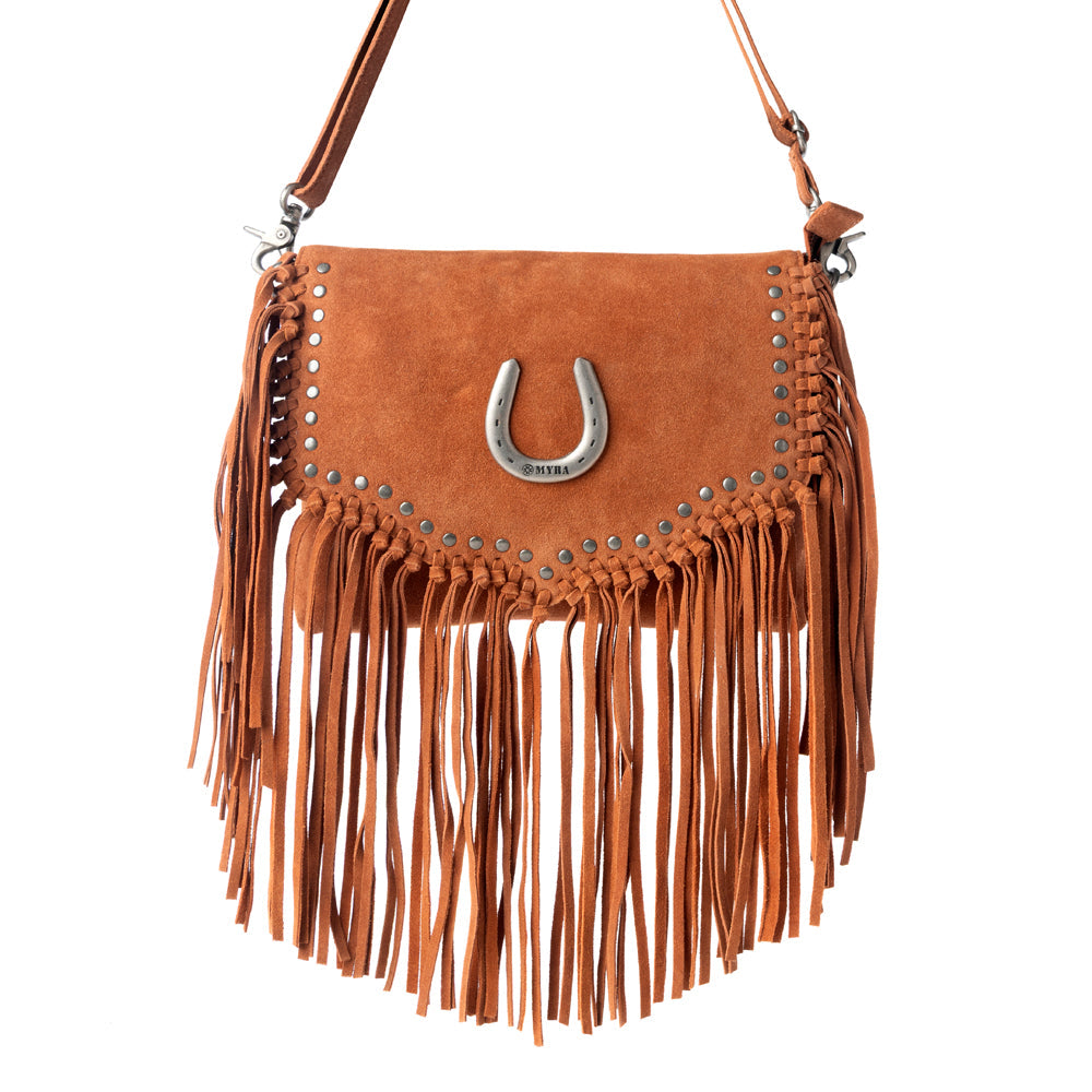 Myra Lucky Charm Leather Bag for Women in Brown with fringe and horseshoe detail Myra USA