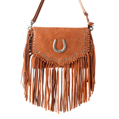 Myra Lucky Charm Leather Bag for Women in Brown with fringe and horseshoe detail Myra USA