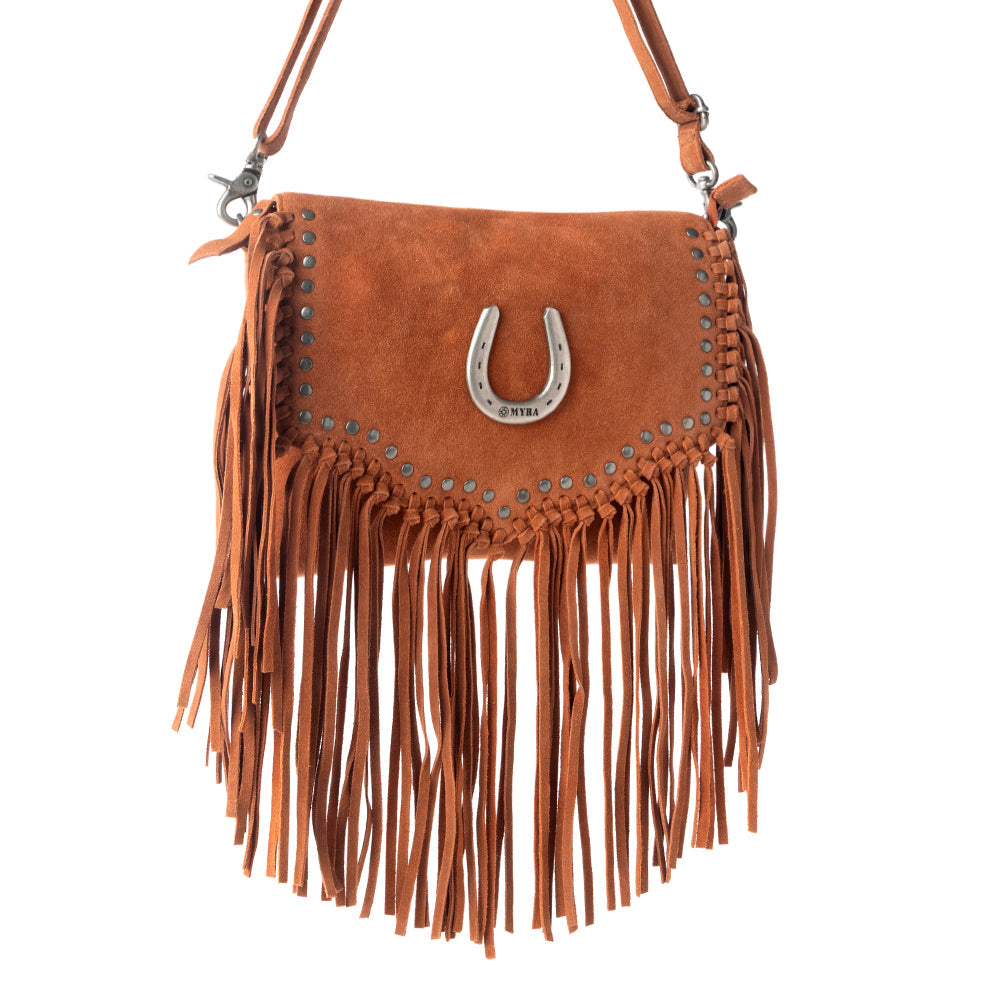 Myra Lucky Charm Leather Bag for Women in Brown with fringe and horseshoe detail Myra USA