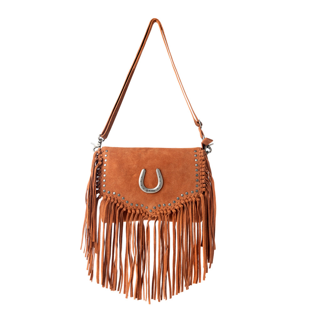 Myra Lucky Charm Leather Bag for Women in Brown with fringe and horseshoe detail Myra USA