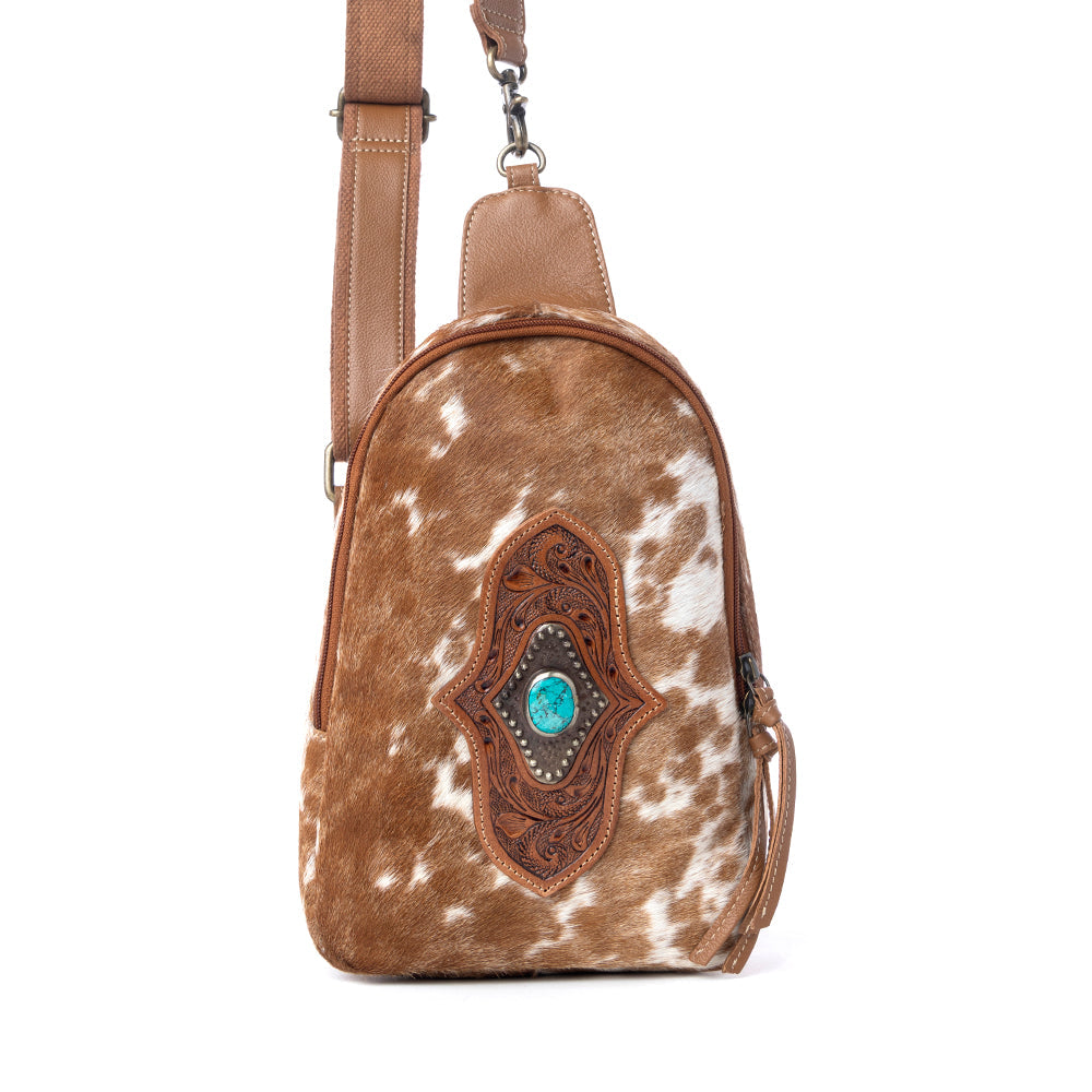 Myra Horizon Vale Handtooled Hairon Leather Fanny Pack in Warm Caramel Myra USA