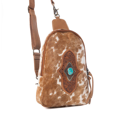 Myra Horizon Vale Handtooled Hairon Leather Fanny Pack in Warm Caramel Myra USA