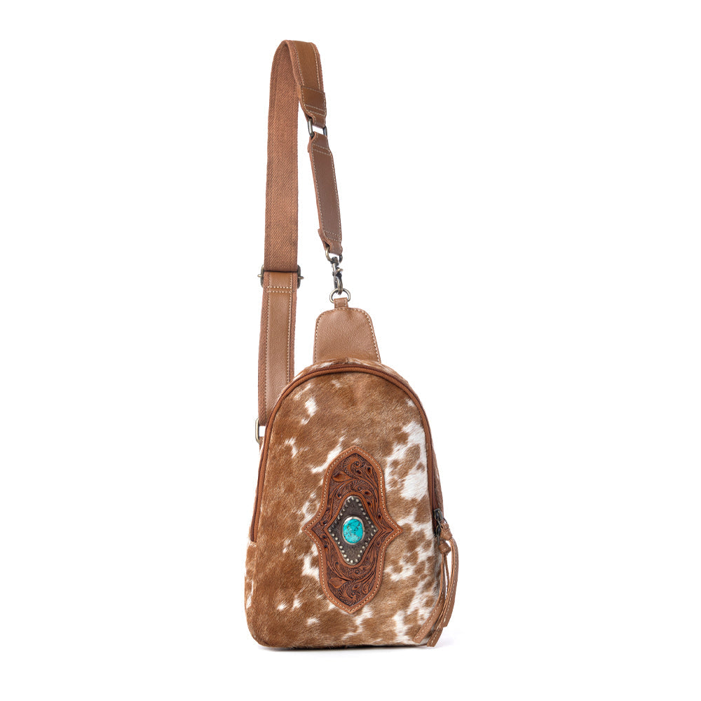 Myra Horizon Vale Handtooled Hairon Leather Fanny Pack in Warm Caramel Myra USA