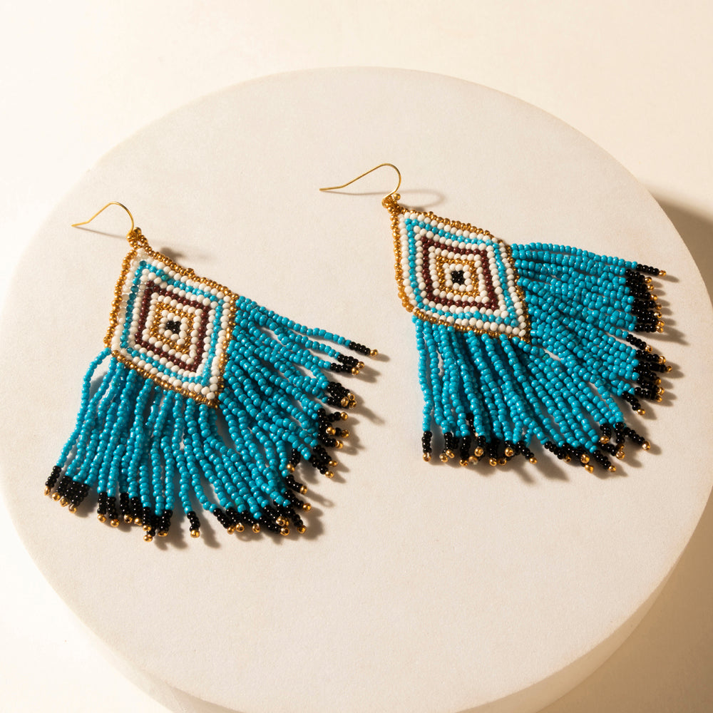 Myra Bluebonnet Range Beaded Fringe Earrings in Halo Blue Myra USA