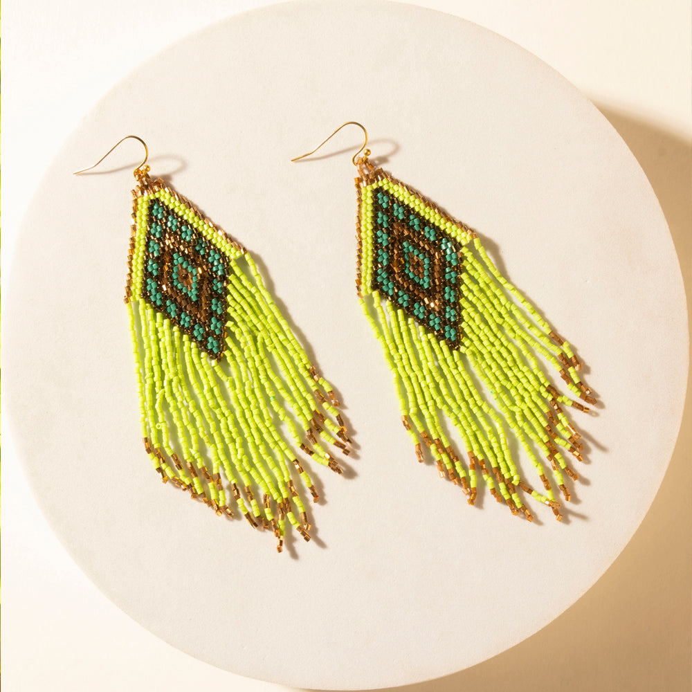 Myra Desert Neon Beaded Fringe Earrings in Glow Green Myra USA