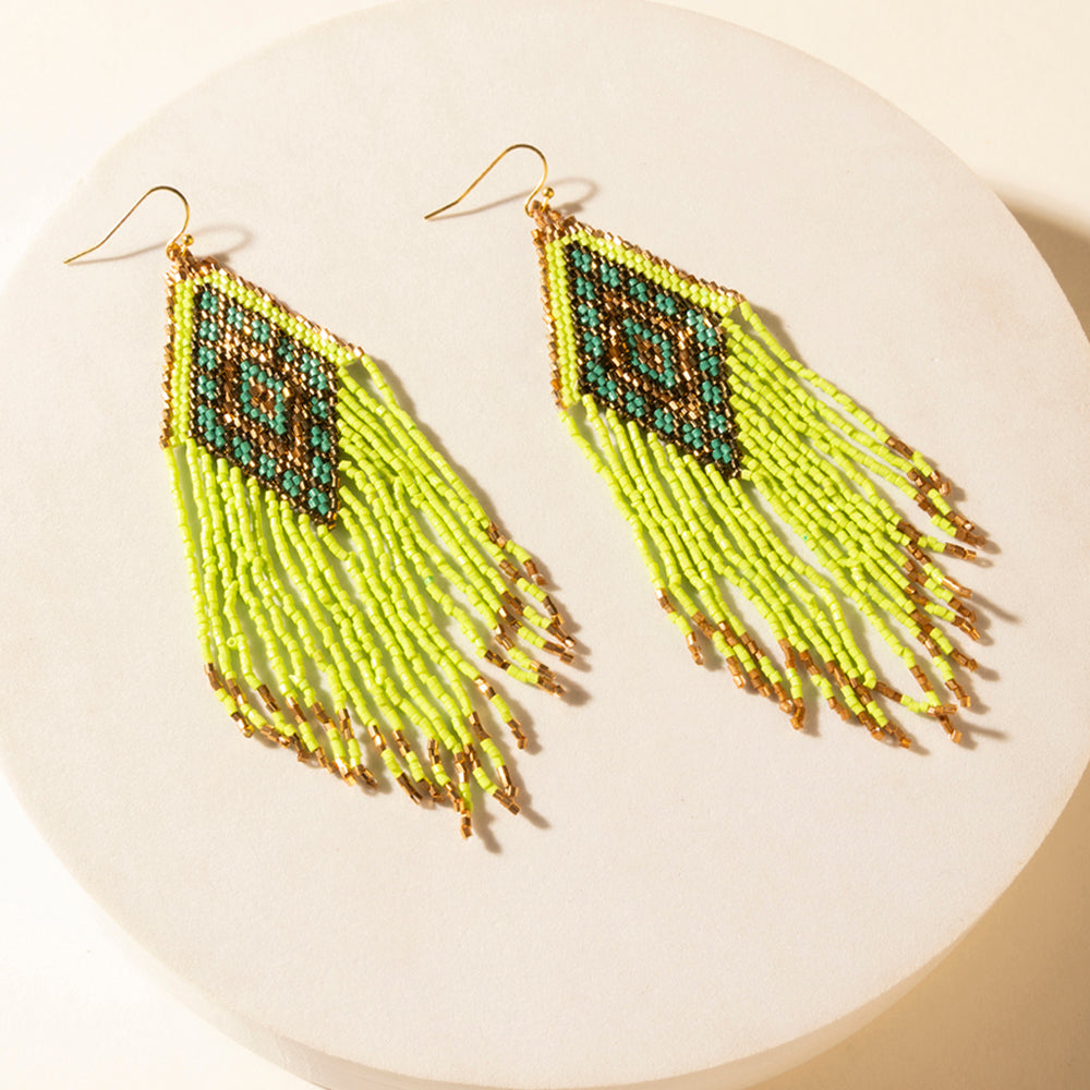 Myra Desert Neon Beaded Fringe Earrings in Glow Green Myra USA