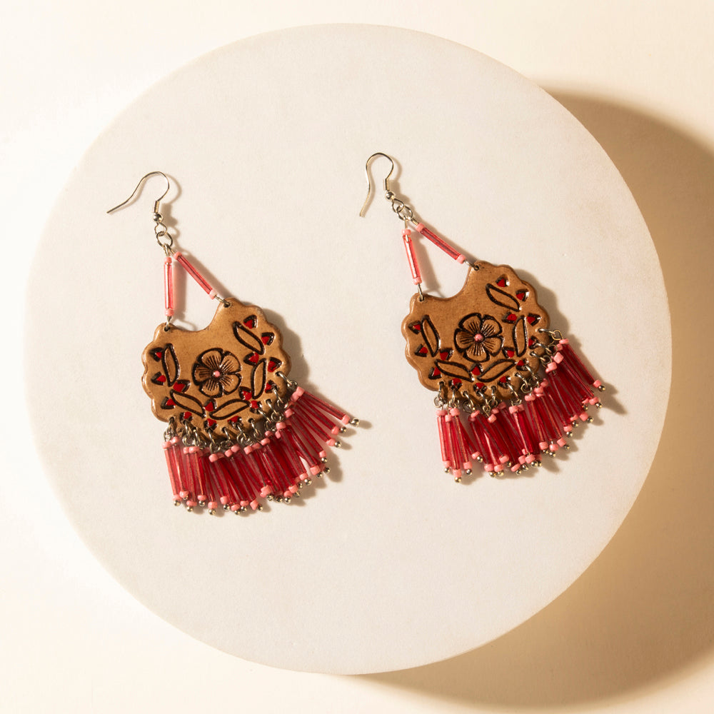Myra Handtooled Carnival Bloom Fringe Earrings in Ember Pink Myra USA