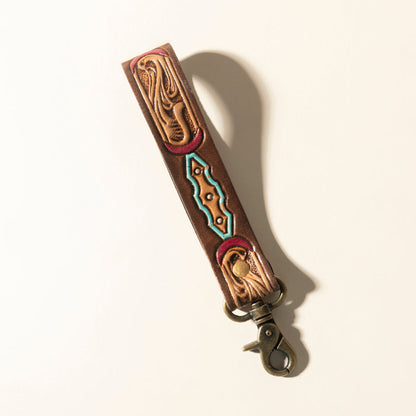 Myra Skyland Stitch Handtooled Leather Keyfob in Cactus Blue Myra USA