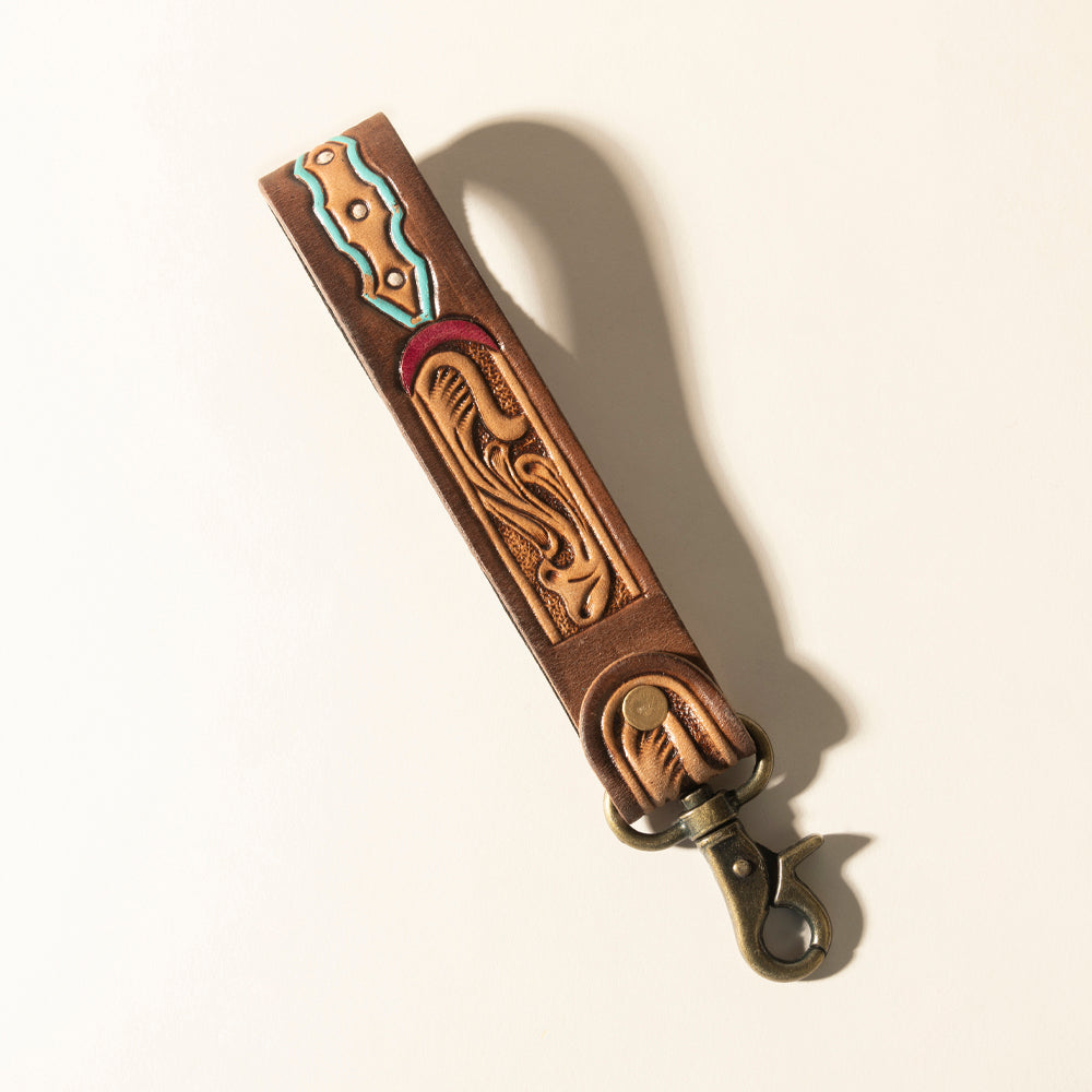 Myra Skyland Stitch Handtooled Leather Keyfob in Cactus Blue Myra USA