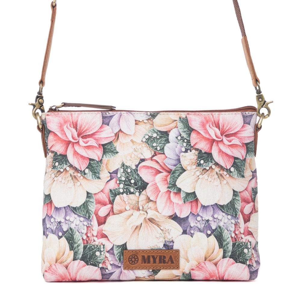 Myra Wildflower Trail Cotton & Leather Crossbody Bag in Vintage Rose Myra USA