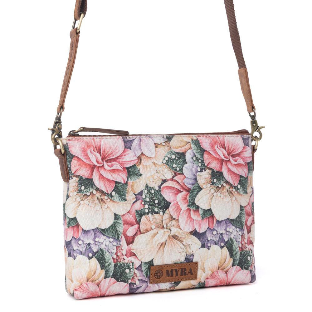 Myra Wildflower Trail Cotton & Leather Crossbody Bag in Vintage Rose Myra USA