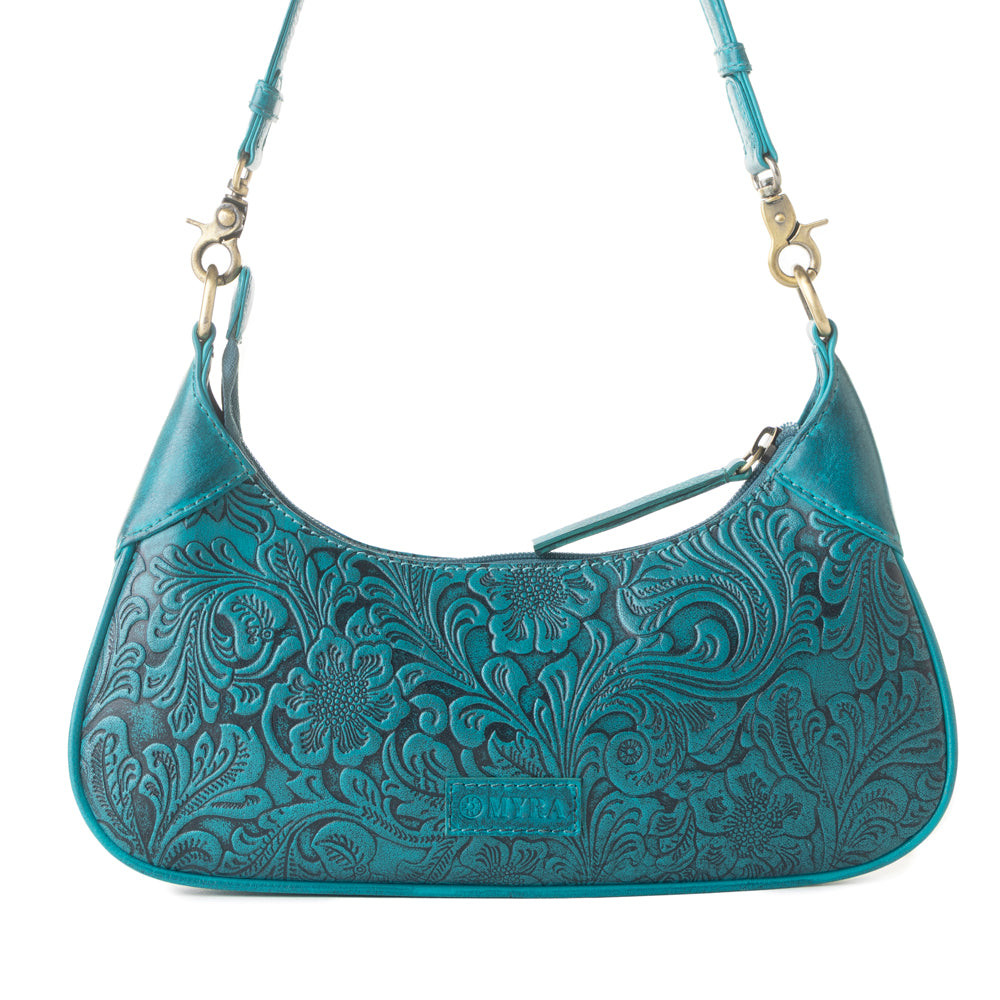Myra Heritage Vine Embossed Leather Bag for Women in turquoise with shoulder strap Myra USA