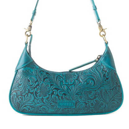 Myra Heritage Vine Embossed Leather Bag for Women in turquoise with shoulder strap Myra USA