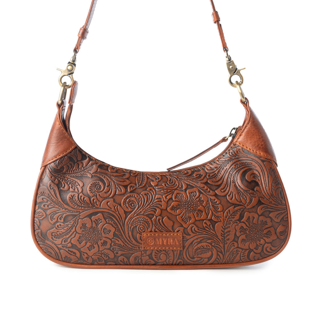 Myra Heritage Vine Embossed Leather Bag for Women in Brown with shoulder strap