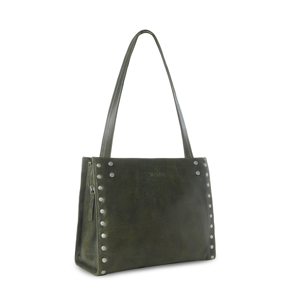 Myra Zidana Aria Amethyst Veg Tanned Leather Tote Bag in Dark Fern Myra USA