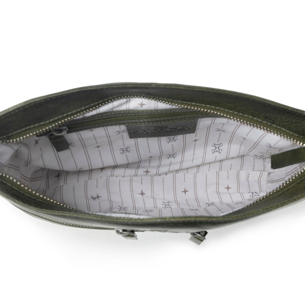 Myra Zidana El Paso Twin Veg Tanned Leather Crossbody Bag in Olive Grove Myra USA