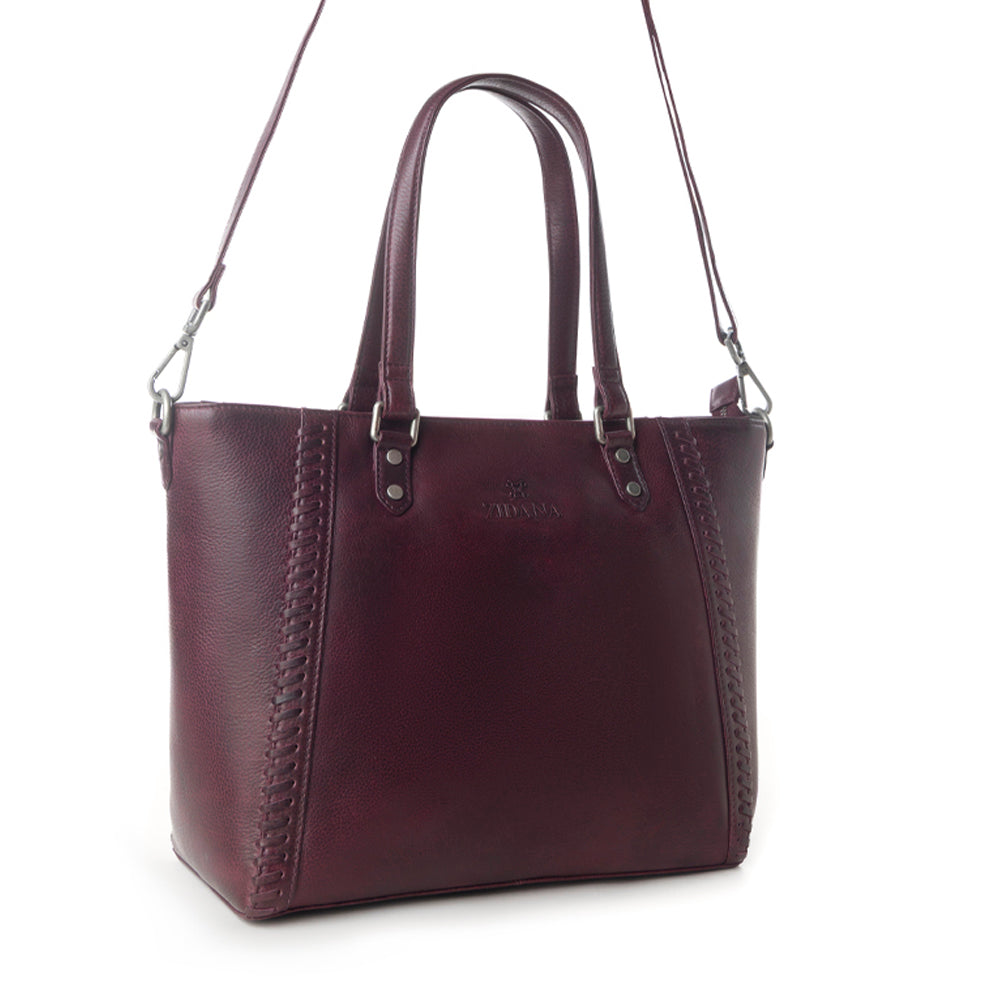 Myra Zidana Arista Bloom Veg Tanned Leather Handbag in Noire Berry Myra USA