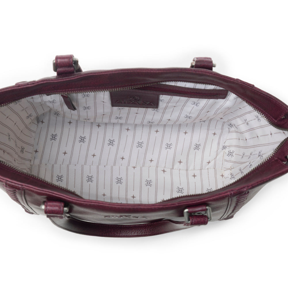 Myra Zidana Arista Bloom Veg Tanned Leather Handbag in Noire Berry Myra USA