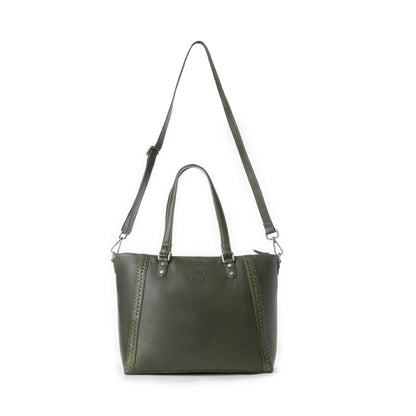 Myra Zidana Arista Bloom Veg Tanned Leather Handbag in Smoky Green Myra USA