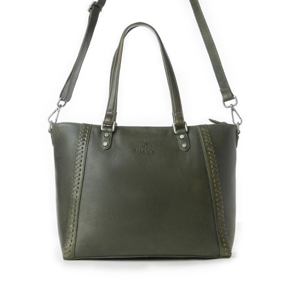 Myra Zidana Arista Bloom Veg Tanned Leather Handbag in Smoky Green Myra USA