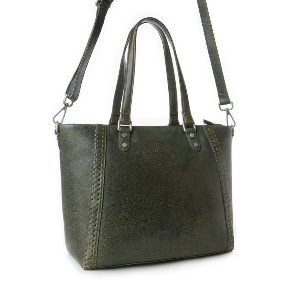 Myra Zidana Arista Bloom Veg Tanned Leather Handbag in Smoky Green Myra USA
