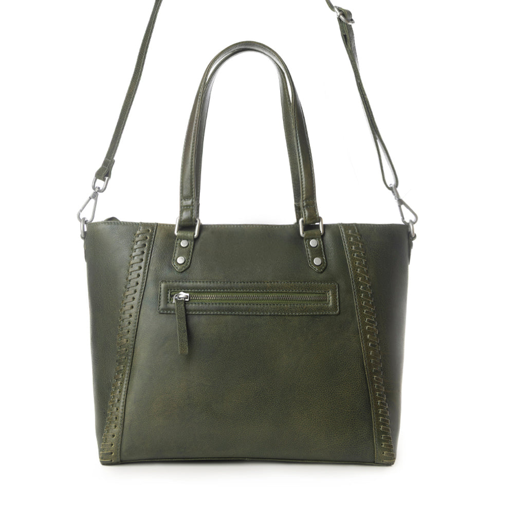 Myra Zidana Arista Bloom Veg Tanned Leather Handbag in Smoky Green Myra USA