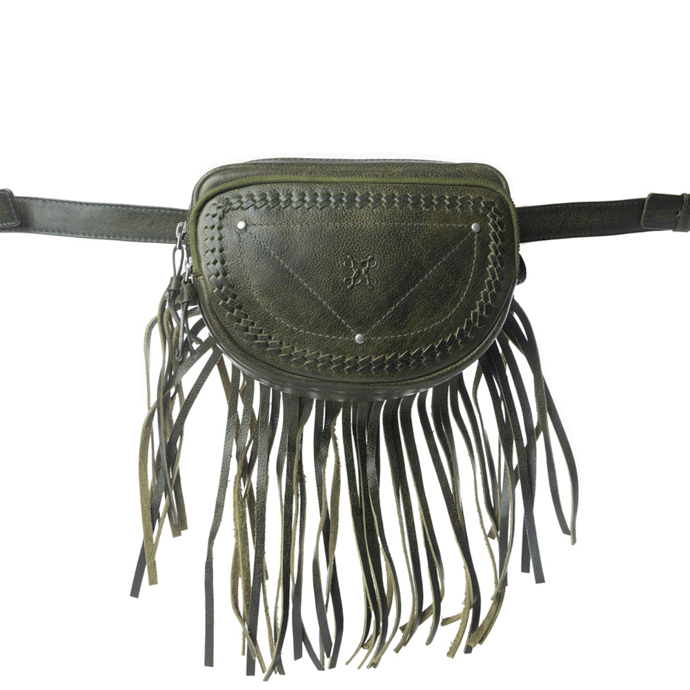 Myra Zidana Stormy Trails Fringed Veg Tanned Leather Bag in Dusty Pine Myra USA