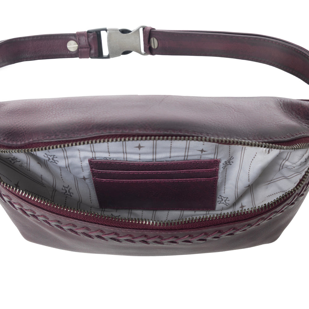 Myra Zidana Amarillo Handstitched Veg Tanned Leather Fanny Pack in Wildrose Plum Myra USA