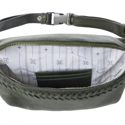 Myra Zidana Amarillo Handstitched Veg Tanned Leather Fanny Pack in Saddle Moss Myra USA