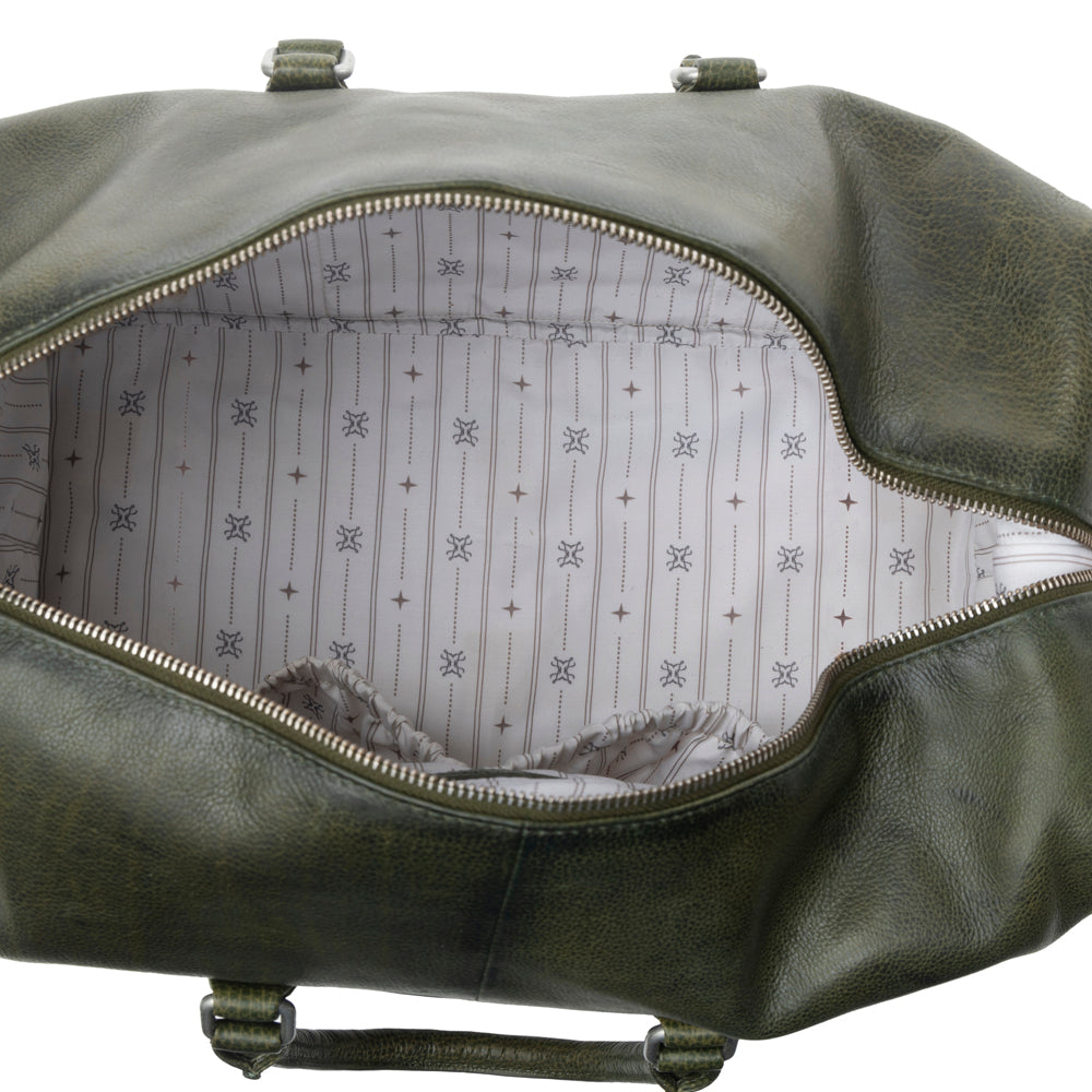Myra Zidana Sundown Plains Veg Tanned Leather Traveller Bag in Sage Green Myra USA