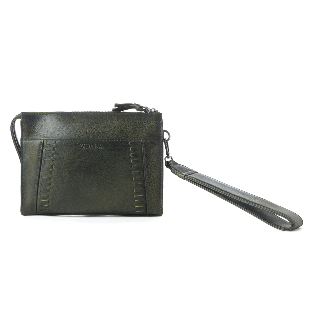 Myra Zidana Bandera Ridge Veg Tanned Leather Wristlet in Desert Pine Myra USA