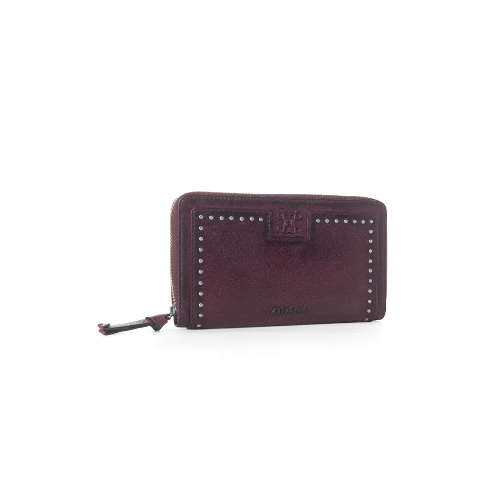 Myra Zidana Astra Studded Veg Tanned Leather Wallet in Mulberry Dusk Myra USA