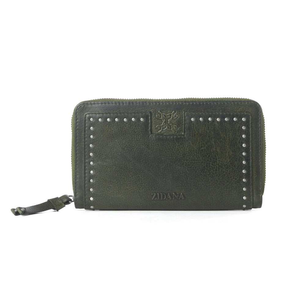 Myra Zidana Astra Studded Veg Tanned Leather Wallet in Velvet Moss Myra USA