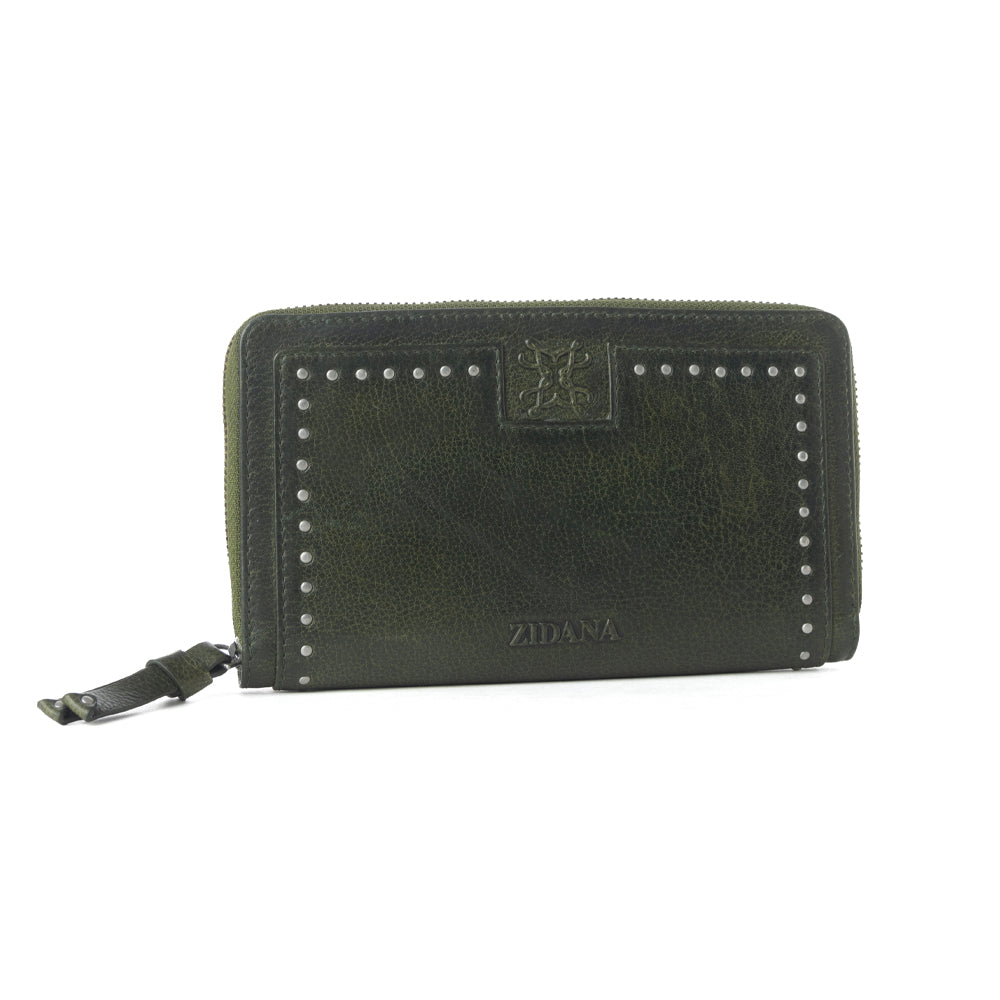 Myra Zidana Astra Studded Veg Tanned Leather Wallet in Velvet Moss Myra USA