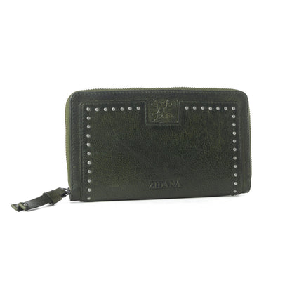 Myra Zidana Astra Studded Veg Tanned Leather Wallet in Velvet Moss Myra USA