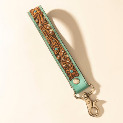 Myra River Glen Handtooled Hairon Leather Key Fob in Aqua Saddle Myra USA