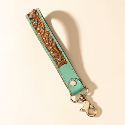 Myra River Glen Handtooled Hairon Leather Key Fob in Aqua Saddle Myra USA