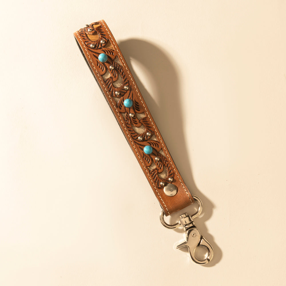 Myra River Glen Handtooled Hairon Leather Key Fob in Honey Turquoise Myra USA