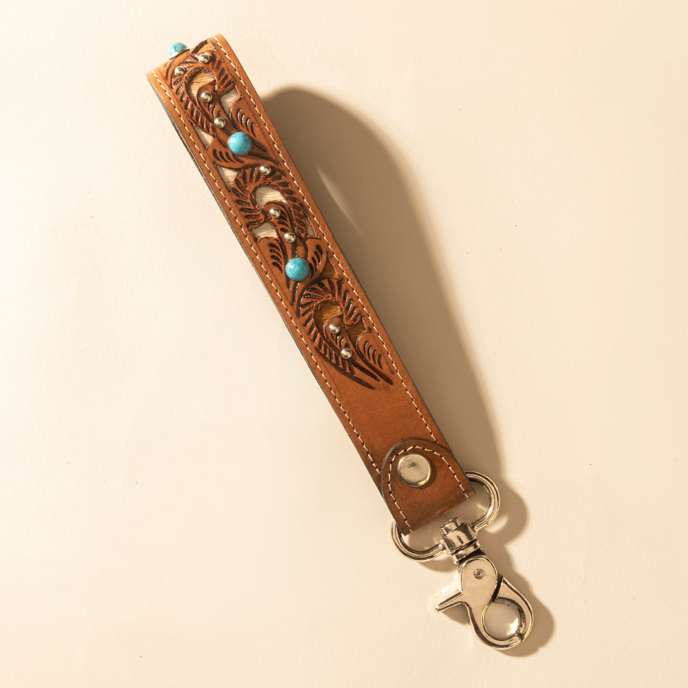 Myra River Glen Handtooled Hairon Leather Key Fob in Honey Turquoise Myra USA