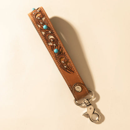 Myra River Glen Handtooled Hairon Leather Key Fob in Honey Turquoise Myra USA