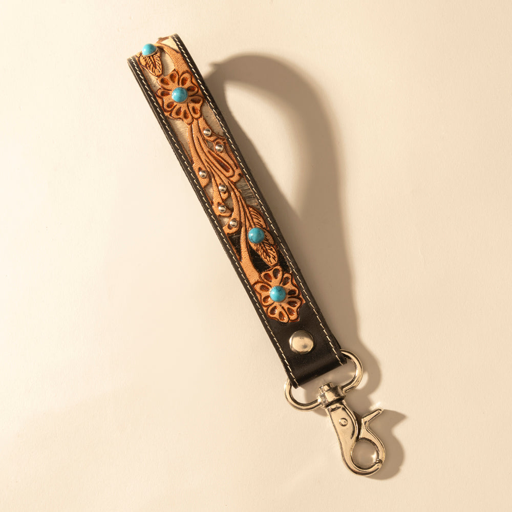 Myra River Glen Handtooled Hairon Leather Key Fob in Espresso Turquoise Myra USA