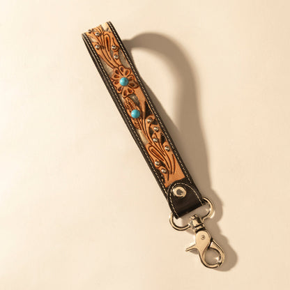 Myra River Glen Handtooled Hairon Leather Key Fob in Espresso Turquoise Myra USA