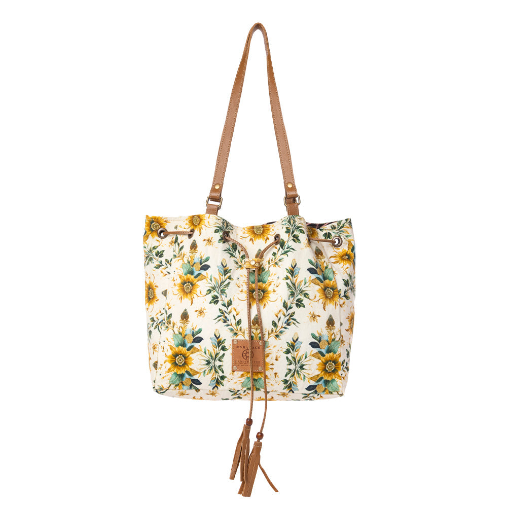 Myra Southern Bloom Cotton & Leather Bucket Bag in Chestnut Beige Myra USA